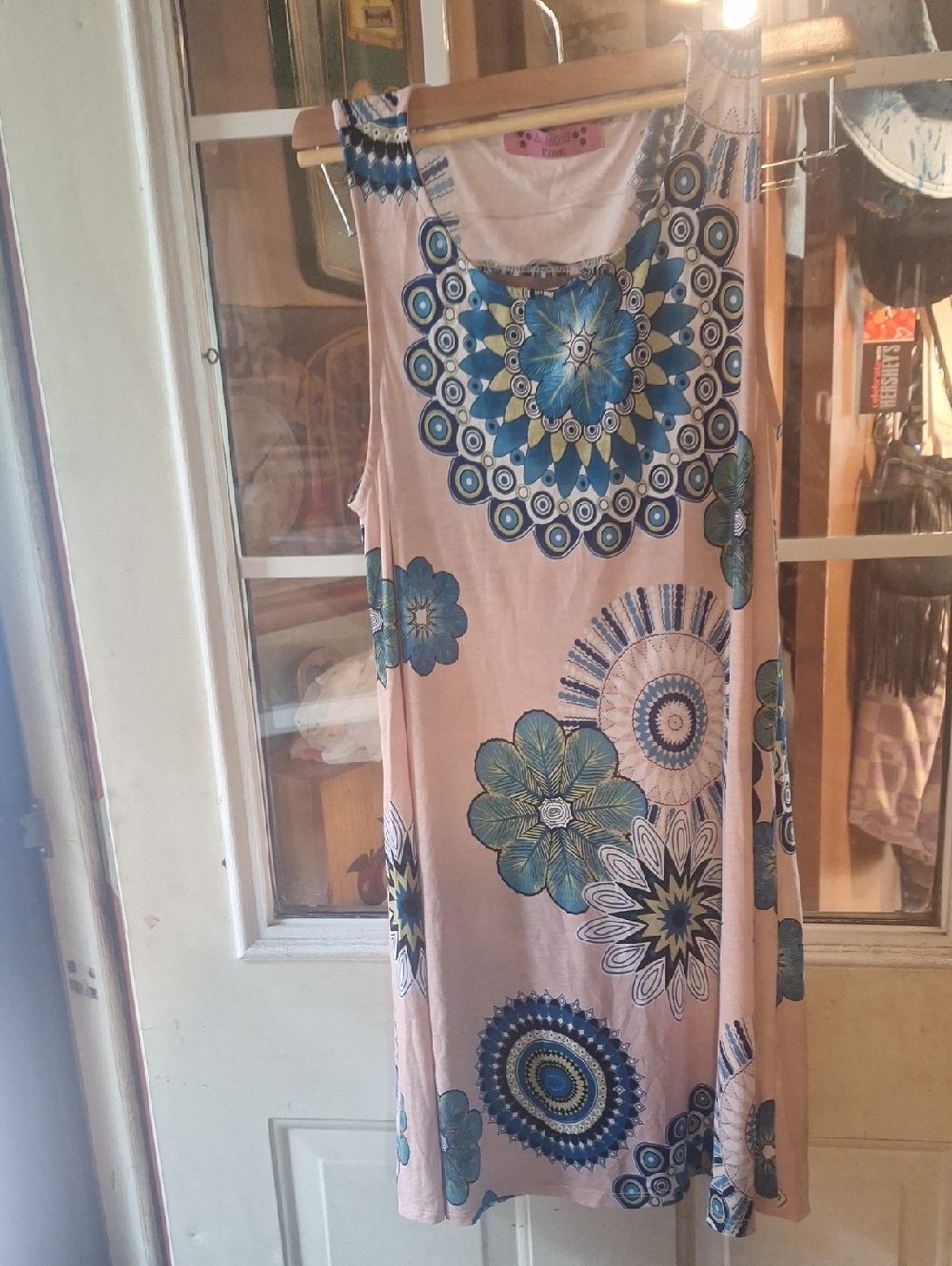 Floral Mandala Sleeveless Swing Dress - Blush with Teal & Navy